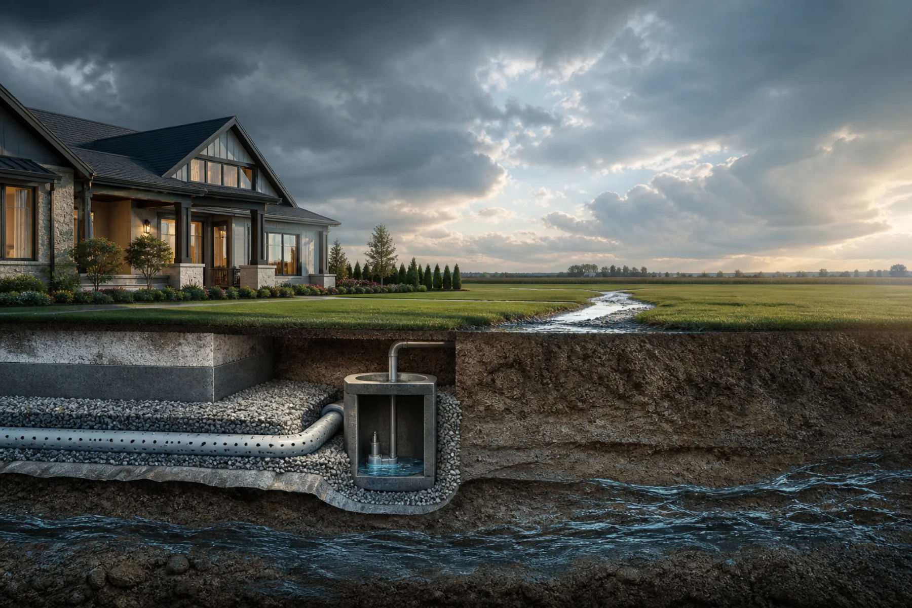 Delta home with a cutaway view of its perimeter drainage and foundation water-control system