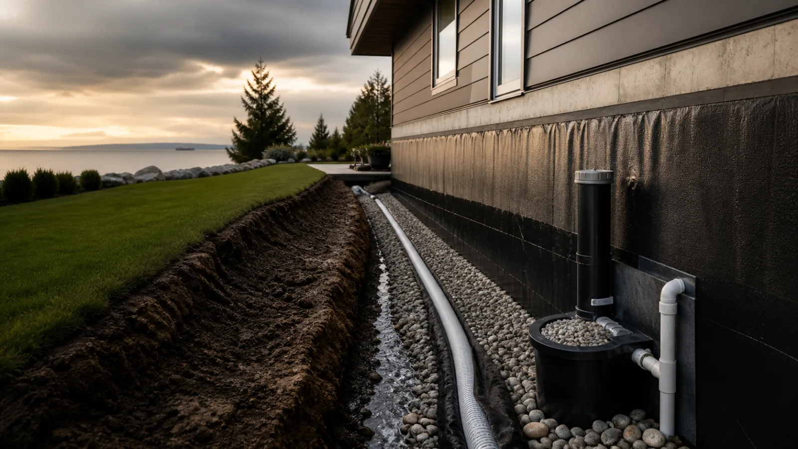 Conceptual residential perimeter drain, aggregate, and collection-path visualization